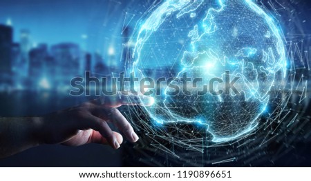 Businessman on blurred background using globe network hologram with Europe map 3D rendering