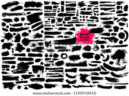 Giant set of black brush strokes. Paint, ink, brushes, lines, grunge. Dirty artistic design elements, boxes, frames. Freehand drawing. Vector illustration. Isolated on white background.