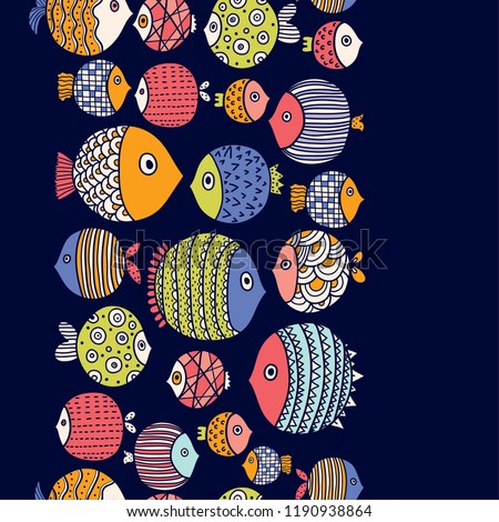Cute fish.  Kids background. Horizontal seamless pattern.
