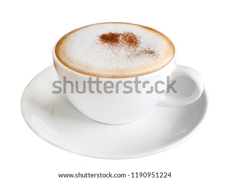 Hot coffee cappuccino in ceramic cup isolated on white background, clipping path included Royalty-Free Stock Photo #1190951224