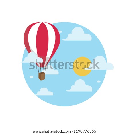 Hot air balloon, clouds and sun design.