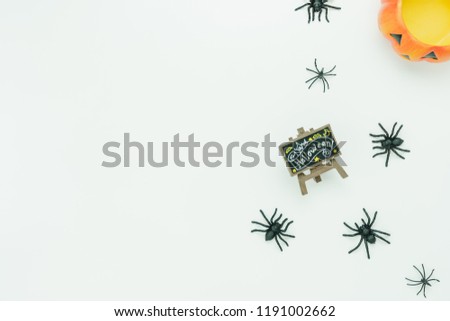 Table top view aerial image of decoration Happy Halloween day background concept.Flat lay accessories essential object to sign the pumpkin & content and spider on white wooden.Space for design text.