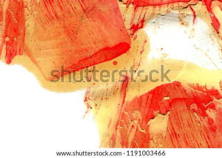 Abstract ink background. Marble style. Red and orange paint stroke texture on white paper. Wallpaper for web and game design. Grunge mud art. Macro image of pen juice. Dark Smear.
