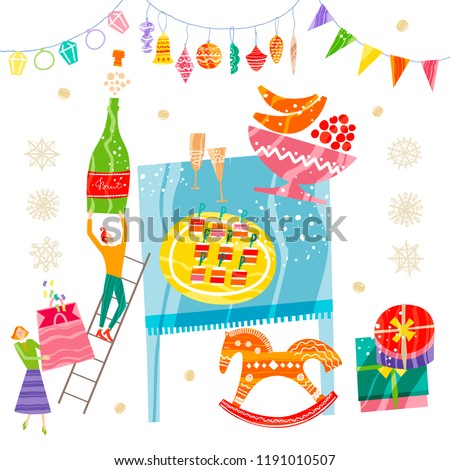 Group of little people decorating festive table. Xmas and New Year greeting card concept. Winter holiday objects. Vector flat design with texture