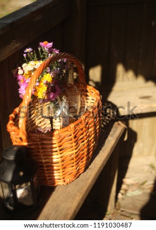 a wicker basket with vine,grapes and cheese