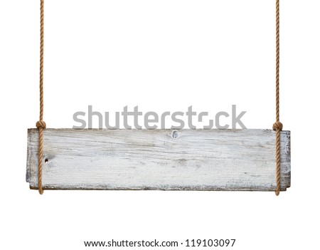 close up of an empty wooden sign hanging on a rope on white background