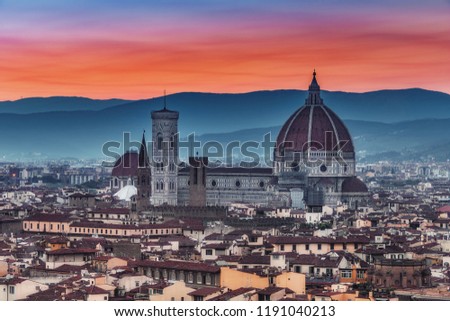 Santa Maria del Fiore cathedral in Florence, Italy, at sunset. Scenic travel background.
