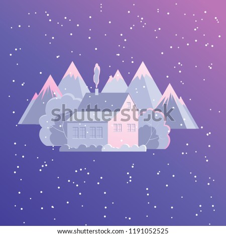 Winter mountain snow landscape with a country house. Sunset, sunset, morning, evening in the winter mountains. Cartoon flat style vector illustration. 1