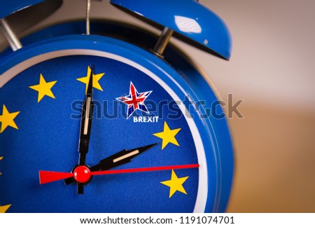 Alarm clock with the colors of the EU flag and one UK star. Representing the countdown for Brexit negociations and strategy concept between European Union and United Kingdom. Royalty-Free Stock Photo #1191074701