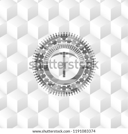 pickaxe icon inside grey badge with geometric cube white background