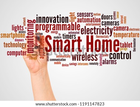Smart Home word cloud and hand with marker concept on white background.