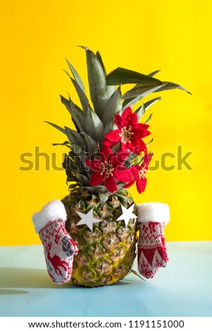 pineapple christmas tree with winter mittens and Christmas flowers on green leaves on duotone background. Space for text