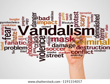 Vandalism word cloud and hand with marker concept on white background.