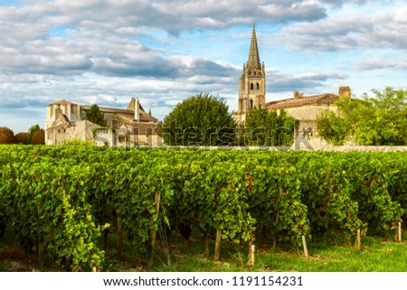 Sunny landscape of bordeaux wineyards in Saint Emilion in Aquitaine region, France on sunny day Royalty-Free Stock Photo #1191154231