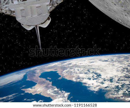 Shuttle, earth and planet with craters like moon. The elements of this image furnished by NASA.
