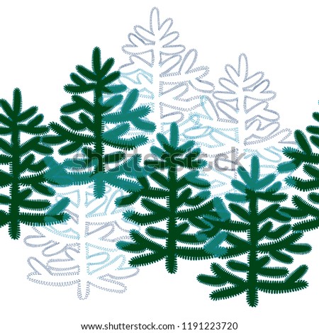 Horizontal seamless border with Christmas green trees on white background in flat style. For New Year design, Christmas greeting card mockup, clip art, wrapping paper.