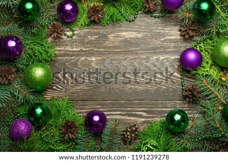 Christmas decoration gift box and pine tree branches. Holidays banner.
