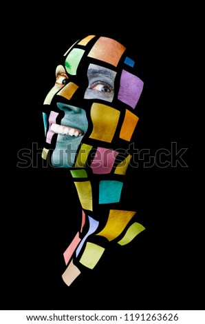 Art fashion glowing make-up. Portrait of a young woman posing in studio. Metallic colorful squares on woman face. Isolated on black background.