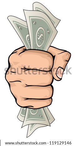 A drawing of a hand holding paper money money with dollar signs