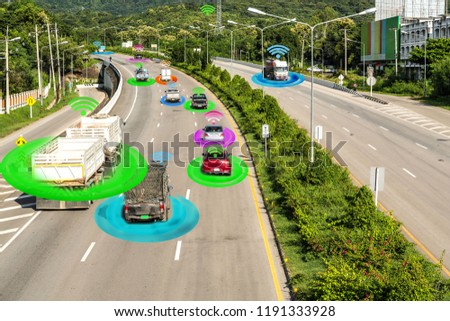 wifi  and car on street  with graphic sensor signal technology concept.