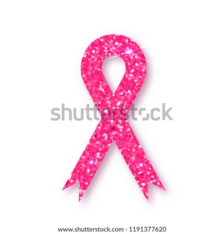 Pink ribbon. Pink glitter ribbon symbol of breast cancer awareness on white background. Element with shadow