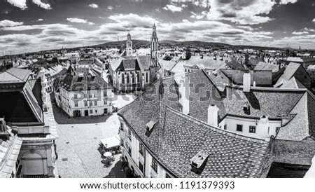 Historic Main square from Fire tower, Sopron, Hungary. Panoramic photo. Travel destination. Architectural theme. Black and white photo.