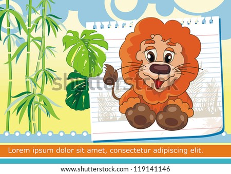 Greeting card with illustration of Lion cartoon in the orange colors. Beautiful Abstract vector illustration