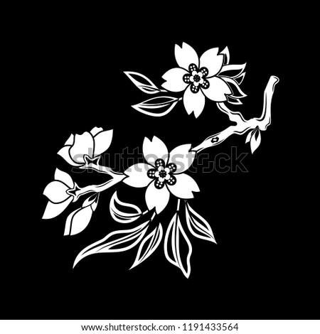 Vector image of a flower of an Oriental cherry on a black background. Sakura. Black tribal flower tattoo. Sketch on skin. Vector illustration.
