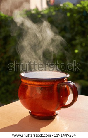 Photo of coffee or tea mug with visible steam above in the nature, garden. Calm and cozy feeling.