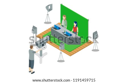 Isometric 3d news announcer green cinematographic background, vector illustration