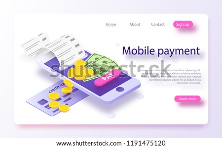 Isometric online payment online concept. Electronic bill, online payment sms notification, pay history, finance data protection, smartphone with credit card. Concept mobile payments Royalty-Free Stock Photo #1191475120