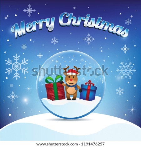 Christmas snow globe with cute Reindeer character on Snow background, Vector Illustration.