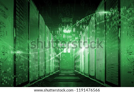 binary code particles and neon glowing cyber wave. in modern server room Big data structure. Internet or cyberspace technology concept. Green tone Royalty-Free Stock Photo #1191476566