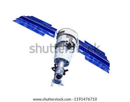 Orbital artificial earth satellite with blue solar panels on the sides surface probing isolated on white background Royalty-Free Stock Photo #1191476710