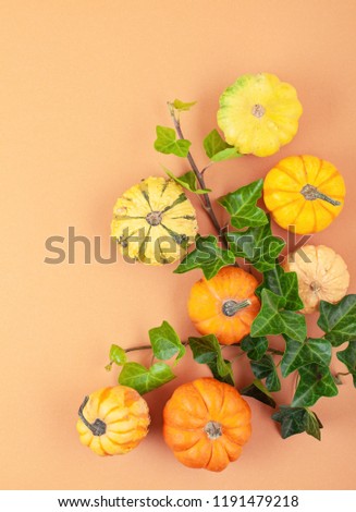 Flat lay made of pumpkins and leaves color paper background copy space. Template fall harvest thanksgiving halloween invitation cards. Top view autumn composition. 