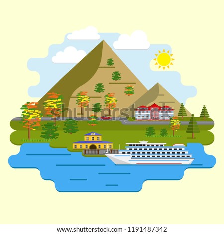Autumn landscape in a flat style. The ship at the pier on a background of mountains.
