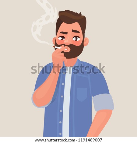 Man is smoking a cigarette. Tobacco dependence. The concept of an unhealthy lifestyle. Vector illustration in cartoon style
