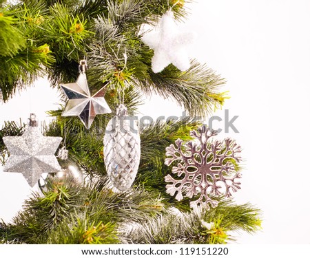New year card with decorations and fur-tree for holiday design