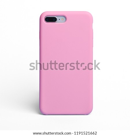 Smart phone on a white background in a pink plastic case back view. Template of phone case