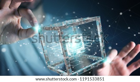 Businessman on blurred background using futuristic cube textured object 3D rendering