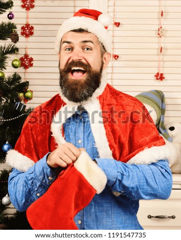 Festivals and presents concept. Man with beard in blue shirt. Santa Claus with happy face near Christmas tree and garlands on wooden background. Guy in hat and red and white cape holds stocking