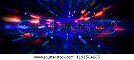 Futuristic Sci-Fi Thunderbolt Shaped Neon Tube Vibrant Purple And Blue Glowing Lights On Reflective Tilted Rough Concrete Surface In Dark Room Empty Space 