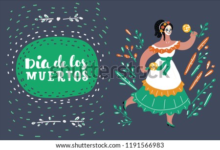 Vector cartoon illustration of dancing woman with cavalera face skull. Day of the dead, dia de muertos card. Hand drawn lettering.