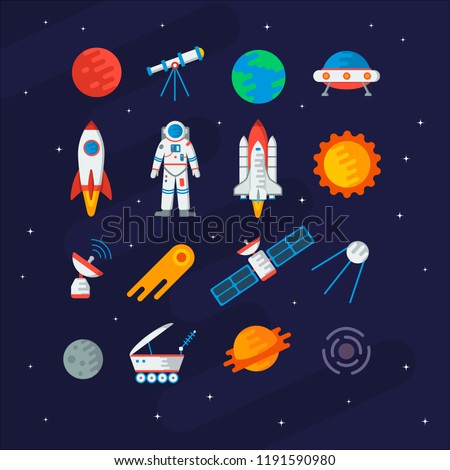 Space collection for you design: planets, the sun, comet, astronaut, rocket, ufo, satellite, Moon, telescope, etc. Vector set in flat style.