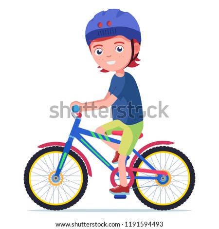 Boy riding a bicycle. Vector illustration of a cartoon cute little boy rides a bicycle in a protective helmet. Isolated white background. Flat style.