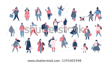 Crowd of people in warm winter clothes walking on street, going to work, talking on phone. Women men children in outerwear performing outdoor activities. Vector illustration in flat style