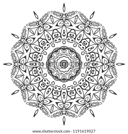 Mandala isolated design element, geometric line pattern. Stylized floral round ornament. Zen doodle art, monochrome sketch for coloring book page, textile fabric print. Black and white illustration