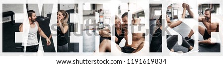 Collage of two fit young people smiling and high fiving each other while working out in a gym with an overlay of the word exercise