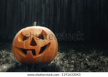 Halloween pumpkin with cut eyes. Dark background. A mystical place. Celebratory background for hellouin. Space for copying.