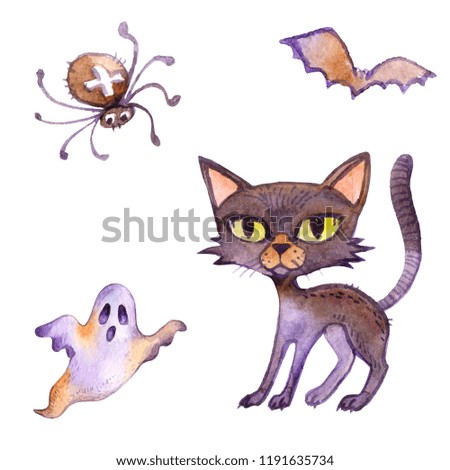 Black cat, Ghost, Spider and Bat. Cute Halloween watercolor illustration collection set, isolated on white background